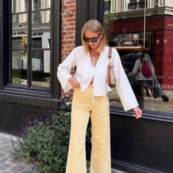 Zara Denim - Zara Highrise Wide Leg Cuffed Light Butter Yellow Jeans Size Extra Small Cotton